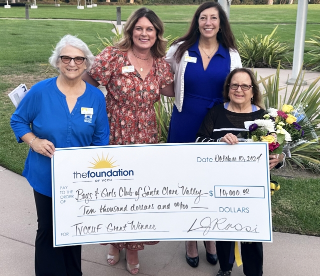 The Ventura County Credit Union event “Celebrating Our Community” took place on October 10, 2024. From left to right are Roxy Ostrem (the person the award is named after), Melissa Miller (secretary for the Ventura County Credit Union Foundation), Linda Rossi (President/CEO of Ventura County Credit Union), and Jan Marholin (B&G CEO). Photo credit Boys & Girls Club of SCV.