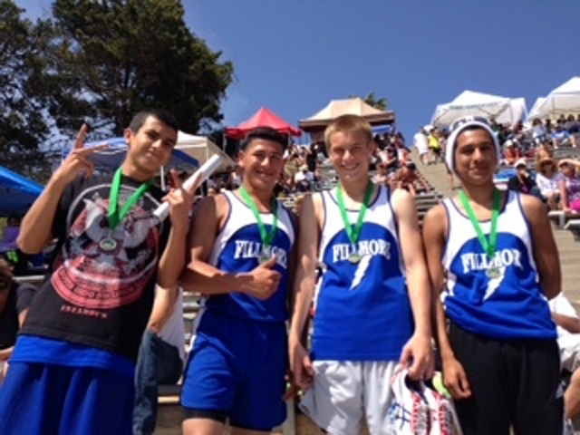 Boys FS (l-r) Aaron Cornejo, Arnulfo Izarraras, Hayden Wright and Demitriouz Lozano. Santa Barbara Easter Relays, frosh soph boys’ team relay team medaled in the 4 x 100 (5th).
