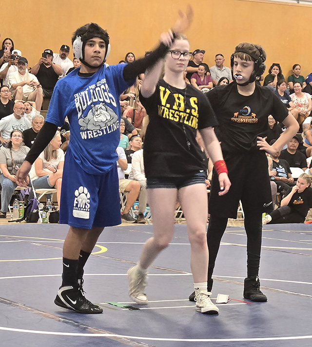 On Thursday, March 19, Fillmore Middle School wrestling competed at De Anza Middle School for a multi-meet competition with Anacapa, Balboa, Cabrillo, Isbell, Nordhoff, and Sinaloa Middle Schools. Pictured is Bulldogs Albert Morales’ hand being raised in victory after his match. Photo credit FMS Coach Michael Torres.