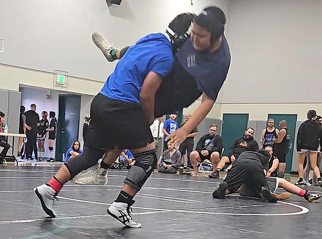 On Friday, March 27, Fillmore Middle School Bulldogs traveled to Sinaloa Middle School in Simi Valley to compete against multiple schools. Pictured above is Bulldog Isaac Ramirez vs. an Isbell Middle School opponent, taking him to the mat. Photo credit Coach Michael Torres.

