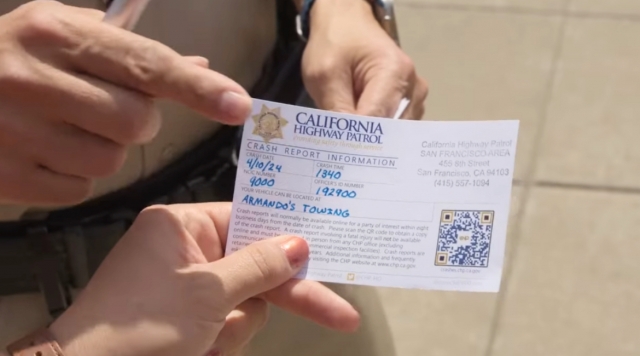 A crash card is seen in an image taken from video shared by the California Highway Patrol via Instagram.