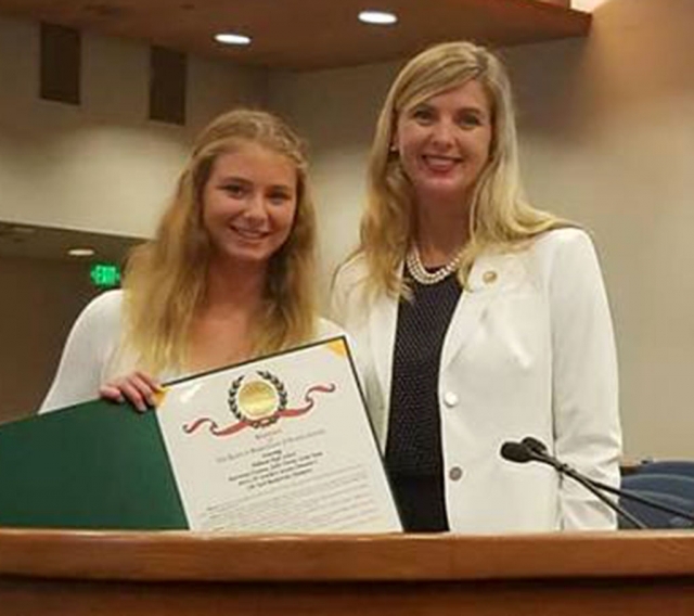 Katrionna Furness was also presented with a Resolution honoring her CIF Southern Section Division 4 100 Yard Backstroke Championship.