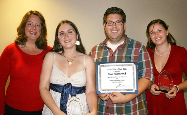 (l-r) Associate Professor of Art, Liz King and students: Claire Flores, Ryan Hunnewell and Shannon Scobey.
