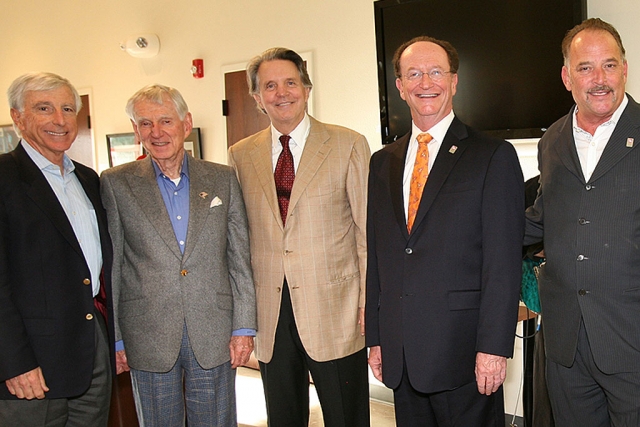 Celebrating the unveiling of the Mike Curb Studios at CSU Channel Islands are, left to right: David A. DeLorenzo, Dole Food Company, Inc. President and CEO; David H. Murdock, Dole Food Company, Inc. Chairman; Mike Curb, Musician, Politician, and Philanthropist; CI President Richard Rush; Mark Hartley, partner and owner of Fitzgerald Hartley Company.