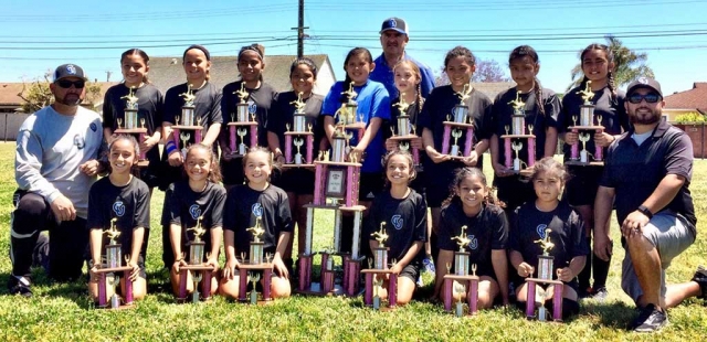 Fillmore’s California United 11u Girls Soccer Team, left to right, top row: Jessica Rodriguez, Mikayla McKenzie, Marlene Gonzalez, Alexis Pina, Gabriela Martinez, Brooke Nunez, Athena Sanchez, Fatima Alvarado and Isabel Hernandez. Bottom row: Ashley Hernandez, Victoria Pina, Karissa Terrazas, Miley Tello, Jadon Rodriguez and Kim Manriquez. Coaches are Jose Luis Lomeli, Cipriano Martinez and Tony Hernandez. Picture courtesy Susan Torres.