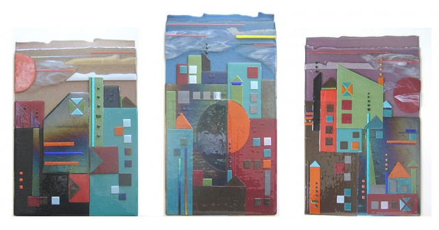 “Cityscape Triptych”, fused glass by Frances Elson