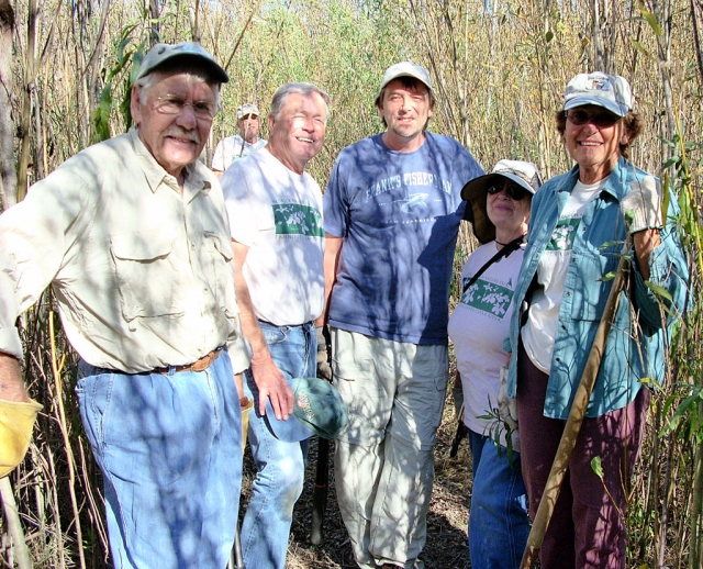 Devotees of the Hedrick Ranch Nature Area are shown enjoying the outdoors. Pictured (l-r) are Neil Ziegler (President of Ventura Audobon Society), Jim Castren, Reed Smith, Frank Nilsen, Lilith (yes, she goes by just one name), and Debby Burns.