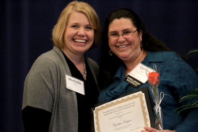 Ventura College Foundation awarded $28,000 in Phoenix Scholarships to re-entry students. One of the scholarship recipients was Cynthia Rogers of Fillmore. She is pictured with Ventura College math professor Michelle Beard. Photo credit Dina Pielaet, 451media.