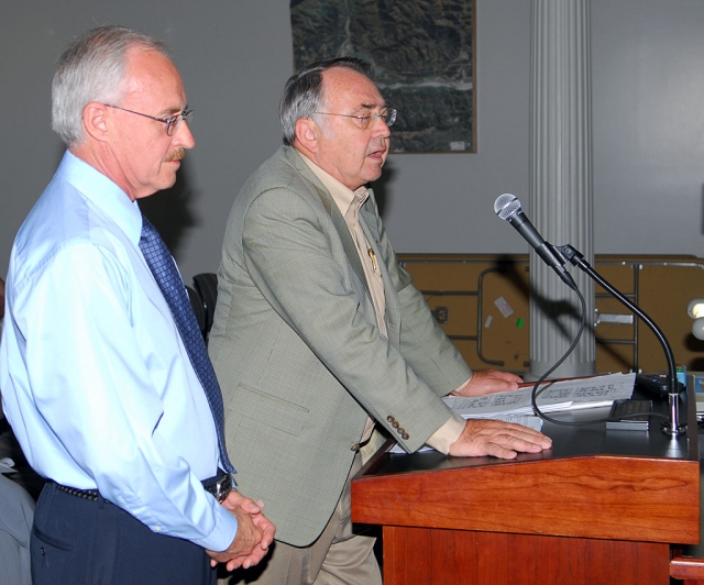 From left, Bill Steiger and Dr. Gosta “Gus” Iweasiuk, owners of the 40-acre parcel in north Fillmore, received the good news that their petition to get approval for use of a tentative tract map met success. The project is praised for its family friendly, lower density plan.