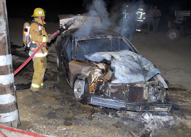 Fire and police units responded to a call on east Guiberson Road, Saturday, about 10:00 p.m. A car was reported to be fully engulfed in flames after crashing into a power pole.