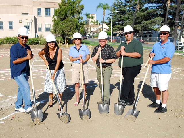 Groundbreaking for the $5 million swimming pool complex took place Tuesday afternoon. Participating in the ceremony were (l-r) David Lugo, Parks & Recreation Commission; Fillmore Councilwoman Cecilia Cuevas; Geri Lee, Parks & Recreation Commission; Fillmore Councilmen Scott Lee and Steve Conaway; Ken Palmer, Parks & Recreation Commission. The complex will include tennis courts, locker room and kid’s wading area.