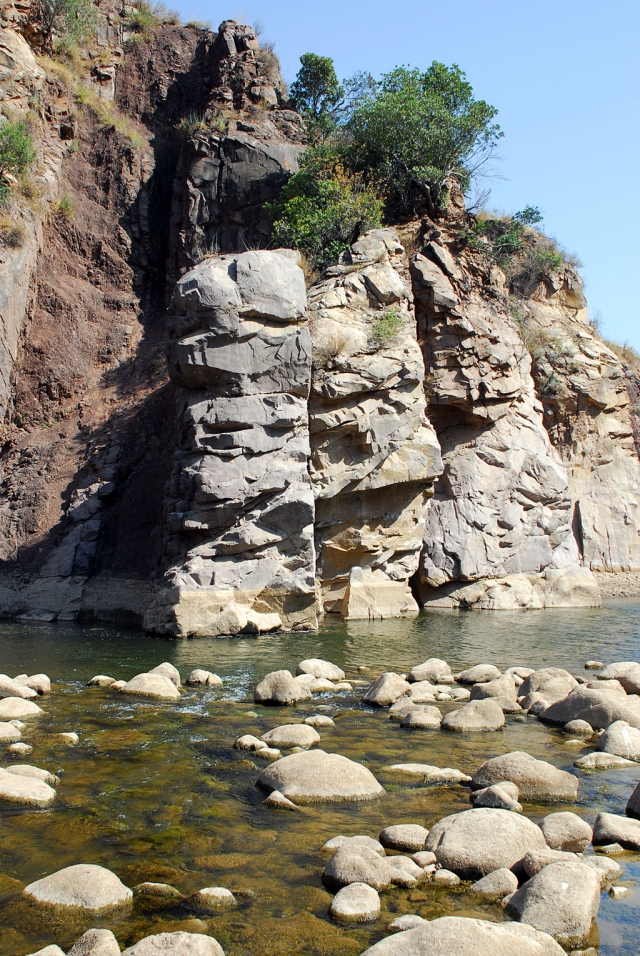 Sespe Creek at the Swallows Nest. Dry weather has left little water at the popular old swimming hole.