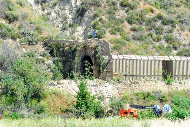 Shown is the Fillmore Western Railway tunnel on the railroad tracks between Pole Creek and Hwy 126. Disney Studios has built the faux tunnel for filming. Residents of El Dorado Mobile Estates were treated to several “explosions” on Friday night while filming took place.