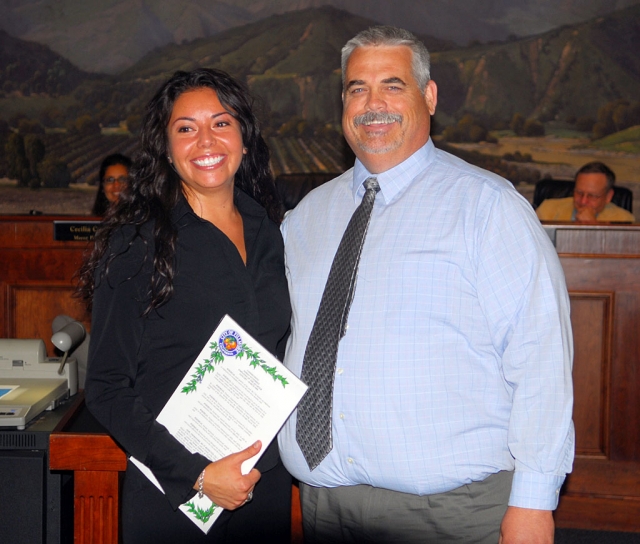 City Fiscal Asst. II Norma Gutierrez, shown with Mayor Steve Conaway, was named Fillmore City Employee or the Quarter at Tuesday’s council meeting.