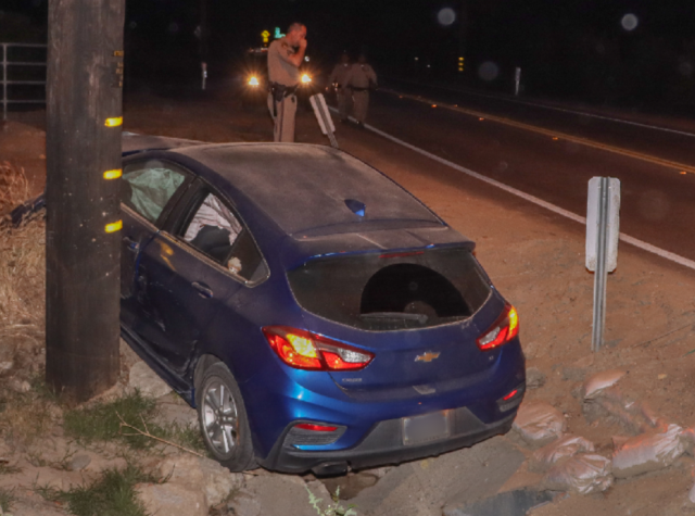On Sunday, May 21, 2023, at 2:30am, Moorpark California Highway Patrol was dispatched to a reported vehicle into a ditch on SR23/Chamber-sburg Road, Bardsdale. Arriving officers located a blue Chevy Cruise six feet off the roadway, into a ditch. The vehicle struck an Edison pole and caused guide wire damage. Driver/passengers abandoned the vehicle; It is unknown how many occupants fled the scene. Moorpark-CHP Office is investigating the crash. Photo credit Angel Esquivel-AE News.