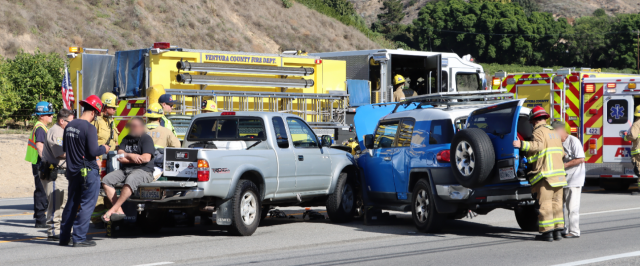 On Wednesday, November 22, at 12:28 p.m., Ventura County Fire Department, AMR Paramedics, and California Highway Patrol were dispatched to a reported two-vehicle accident on eastbound SR-126 at Francisco Fruit Stand. Arriving firefighters found two vehicles involved, blocking one eastbound lane. AMR Paramedics transported one patient; condition Unknown. The crash is under investigation. Photo credit Angel Esquivel-AE News.