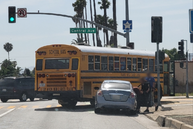 On Monday, May 12th, at 3:50pm, a minor collision occurred at the corner of Central Avenue and Ventura Street between a school bus and a Nissan Altima. Photo credit Fillmore Gazette staff.