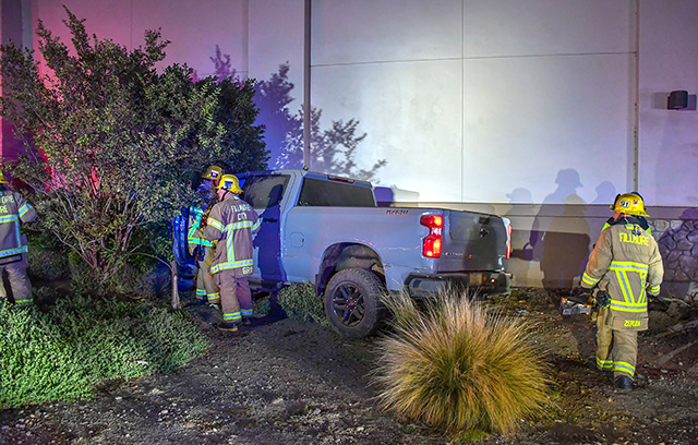 Courtesy Fillmore PD: “On Sunday, May 31, 2026, at approximately 11:45pm, patrol deputies were dispatched to a solo vehicle traffic accident at 1160 W. Ventura Street (O’Reilly Auto Parts). Deputies discovered a truck had left the roadway and collided with the building, causing minor damage. During the investigation, deputies determined the male driver and solo occupant, a resident of Acton, was under the influence of alcohol. The driver was arrested and transported by ambulance to a local hospital as a precaution. The driver was medically cleared at the hospital and booked at the Pre-Trial Detention Facility for violation of California Vehicle Code section 23152(a).” Photo credit Angel Esquivel.