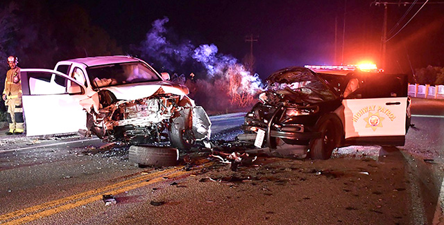 On Saturday, August 15, at 11 p.m., CHP responded to a head-on crash involving a patrol vehicle and a white Chevy pickup truck on Grimes Canyon, north of Moorpark. The driver of the pickup was identified as 34-year-old Derek Skinner of Santa Paula, who was arrested on suspicion of DUI. The officer was transported to a local hospital, along with the pickup truck’s passenger. Photo credit Angel Esquivel.