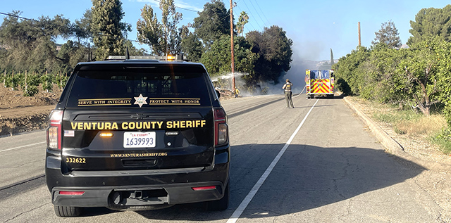 On Saturday, October 17, at 4:40 p.m., the Ventura County Fire Department and Ventura County Sheriff’s Office were dispatched to a reported brush fire on Sycamore Drive near Seventh Street. Upon arrival, firefighters located a 10-by-10-foot vegetation fire burning at a slow rate of spread. Fire crews quickly initiated suppression efforts and had the fire knocked down by 5 p.m. While on scene, fire personnel requested Southern California Edison respond to investigate a large utility pole that was sparking and carrying high-voltage power lines. Cause of the fire was likely the downed pole but is under investigation. Photo credit Angel Esquivel.