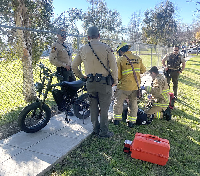 On Monday, January 12, at 2:10 p.m., the Fillmore Police Department, Fillmore City Fire, and AMR Paramedics were on-scene near Fillmore Middle School for an e-bike incident. The juvenile suffered minor injuries, and no ambulance transport was made. Photo credit Angel Esquivel.