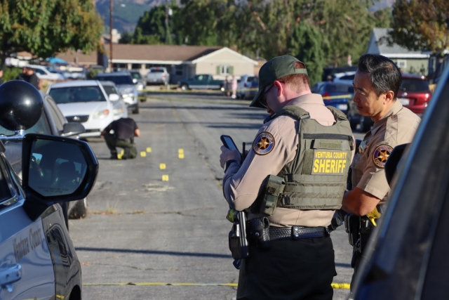 On Sunday, October 22nd, 2023, at 5:21 am, Ventura County Sheriff’s Office Communication Center received multiple calls of shots heard in the 200 block of McNab Court, Fillmore. According to radio traffic, a deputy advised seeing a vehicle leaving the scene matching the vehicle described given to sheriff’s dispatch and deputies conducted a traffic stop on the vehicle at Third Street and Goodenough Road. On scene deputies did a high-risk traffic stop on the vehicle with a K- 9 being deployed. It appears no arrest was made. Pictured is the crime scene, with an investigator marking the shell casing locations. The Ventura County Sheriff’s Office is currently investigating the incident; no suspect information or details have been released. Photo credit Angel Esquivel-AE News.