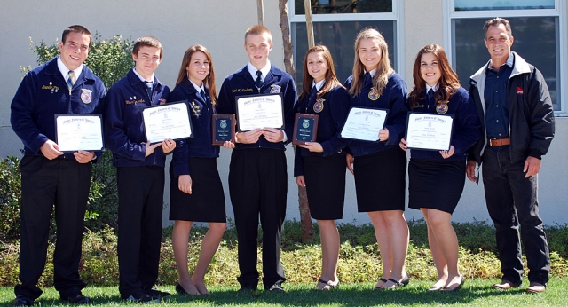 (l-r) Brandon Pina, Marc Zavala, Riley Wright, Craig Harvey, Alexus Galassi, Candace Stines, Sierra Blankenship and Mr. Joe Ricards at the Proficiency and State Degree Awards Ceremony.