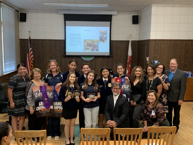 Fillmore High School Future Farmers of America (FFA) advisors Mrs. Klittich and Ms. Lemus, and FFA Officers updated Fillmore Unified School District Trustees on activities and participation at the Ventura County Fair.