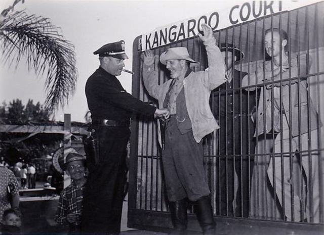 Earl Hume and George Nadin in front of the “jail” for the beardless men of Fillmore were encouraged to grow beards for the festival, with prizes awarded based on audience applause. Photos courtesy Fillmore Historical Museum.