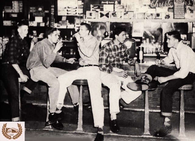 The guys enjoying the soda fountain at the Pool Hall.