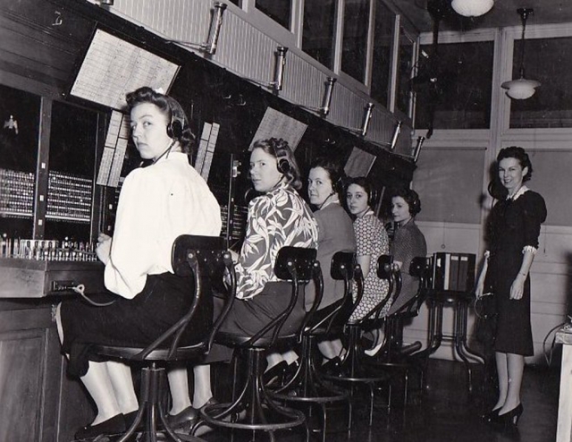 Pictured is a test board used in the Fillmore telephone office from 1920s to 1963. It was crucial in reinstating telephone
service after the St. Francis Dam flood in 1928 and is now on display at the Fillmore Historical Museum. Pictured are the telephone operators, circa 1955. Photos courtesy Fillmore Historical Museum.