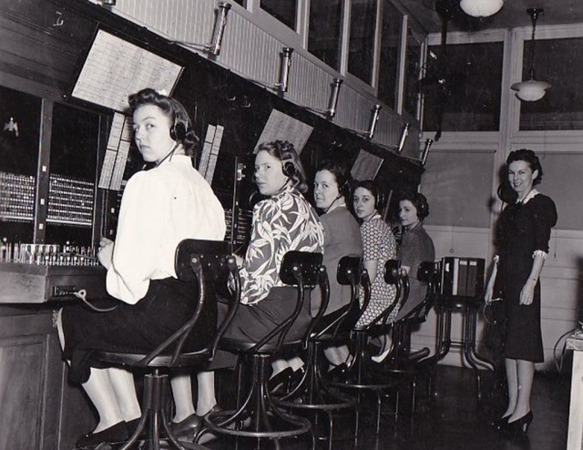 Pictured is a test board used in the Fillmore telephone office from 1920s to 1963. It was crucial in reinstating telephone
service after the St. Francis Dam flood in 1928 and is now on display at the Fillmore Historical Museum. Pictured are the telephone operators, circa 1955. Photos courtesy Fillmore Historical Museum.