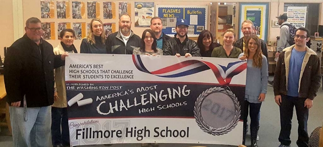 (l-r) Matt Dollar, Lourdes Juarez, Erin Sebek, Mark Sebek, Kathryn Kennedy, Jeremy MacMahon, Benjamin Bradshaw, Debbie Hoffman, Leanna Legere, Norm Andersen and Steven Kandel. Photo Courtesy Tom Ito, Fillmore High School Principal.
