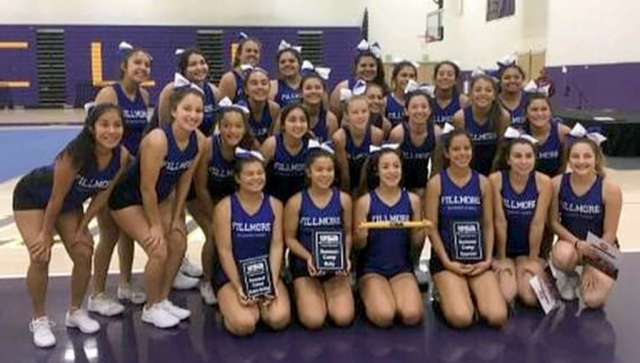 The Fillmore High School Cheer Squad finished cheer camp this past week at Cal Lutheran University. The team received two Varsity awards and one JV award. They also received a spirit stick and four of the cheerleaders were invited to be part of the USA Cheer Team! Another awesome summer for FHS Cheer!
