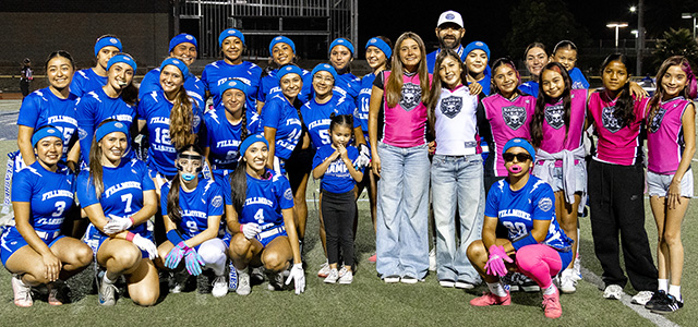 On Thursday, October 1, FHS Girls Flag Football took on St. Bonaventure High School while also hosting Youth Night with the Fillmore Raiders Youth Football program. The young players joined the FHS team on the field for the pregame run-out. Above, the Fillmore Varsity Girls Flag Football team with members of the Fillmore Raiders Youth who joined them that evening. Pictured right, action from the girls JV game, as a JV player scores a touchdown for the Flashes. The JV team defeated St. Bonaventure, 28–0, while the Varsity team fell short, 25–20. Photo credit Crystal Gurrola.
