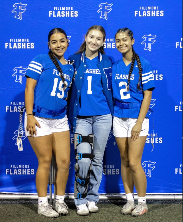 On Monday, October 13th, Fillmore Varsity Girls Flag Football held Senior Night during their game against Channel Islands High School but fell short to the Raiders, 38-0. Pictured above are the seniors who were recognized this year. Photo credit Crystal Gurrola. See more game photos online at www.FillmoreGazette.com.