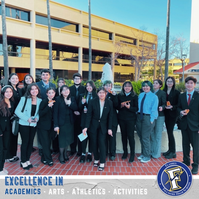 Congratulations to Fillmore’s Mock Trial Team which competed at the 2023 Ventura County Mock Trial competition where they competed against 21 high schools. The Mock Trial competition is coordinated annually by the Ventura County Office of Education. The event brings courtroom drama to life as students take on the roles of participants in a criminal case, including attorneys, witnesses, bailiffs, and journalists. Students present their cases in real courtrooms before actual local judges who volunteer for the competition. Local attorneys serve as coaches. This year’s fictitious case is People v. Franks, which is about an altercation between two actors who are performing on a cruise ship. Although they competed well, they fell short this year in placing. Awards were given to the following Flashes team members: Most Valuable Player - Henry Hurd; Commitment to Excellence - Henry Hurd and Ayden Sanchez; Best Witness - Rosalyn Diaz. Photo credit FHS Blog.