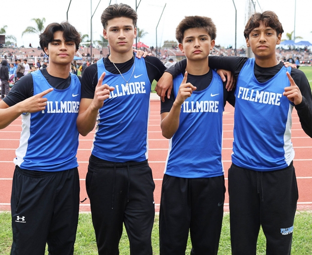 On Thursday, May 1, 2025, Fillmore Track competed at the Citrus Coast League Finals. Pictured above is FHS Boys 4x100m Relay team (l-r): Josiah Cruz, Saul Fraga, Joshua Felix, and Nathan Hernandez, who finished in 1st place with a personal best time of 44.42. See more photos online at www.FillmoreGazette.com. Photo credit Coach Anthony Chavez.