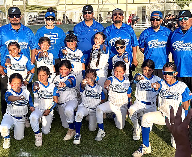 Above is Fillmore’s 8U All-star team who will be advancing to the State Championships. Top row (l-r): Daniella Montelongo, Isabella Nolasco, Jazleen Aguilar, Yaretzi Lara, and Destiny Brants. Bottom row (l-r): Ariana Cruz, Corina Avila, Serenity Suarez, Penelope Niño, Aliyah Ramirez, Analisa Leal, and Catalina Quiroz. Photo credit Tony Cruz.
