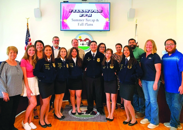 At the FUSD School meeting Fillmore High School’s Future Farmers of America (FFA) advisors Mrs. Klittich and Mr. Lopez and FFA Officers provided an update on FFA activities and participation at the Ventura County Fair. Photo Courtesy https://www.blog.fillmoreusd.org/fillmore-unified-school-district-blog/2024/9/4/ffa-school-board-presentation.