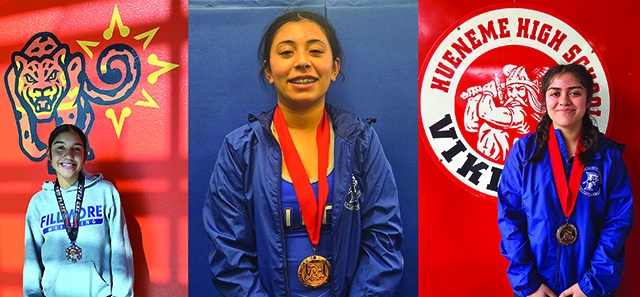 On Saturday, December 6 & 13, Fillmore High Girls Wrestling competed and placed in two tournaments this month. Pictured is FHS Wrestlers Naomi Bonilla, placed 2nd; Tania Vazquez, placed 4th; and Sophia Valdovinos, placed 5th. Photo credit Head Girls Wrestling Coach Michael Torres.