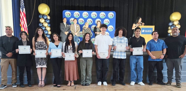On Tuesday, May 13th, Fillmore High Wrestlers recognized their 2025 First Team All-League Awardees. On stage presenting the awards were Assistant Superintendent of Human Resources and Student Services Roger Adams, Assistant Superintendent of Educational Services Dr. Isaac Huang, Board Clerk Lucy Rangel, Board President Olivia Palacio, and Superintendent Christine Schieferle. Standing front are Assistant Coach Ignacio Juarez, students Olivia Juarez, Skyla Sandoval, Naomi Bonilla, Emma Torres, Alexa Martinez, Brendan Morales, Emiliano Castanon, Ignacio Landeros, Head Girls Coach Michael Torres, and Assistant Coach Jorge Bonilla. Coach Michael Torres and Jimmy Torres Jr. Photo credit Jimmy Torres.