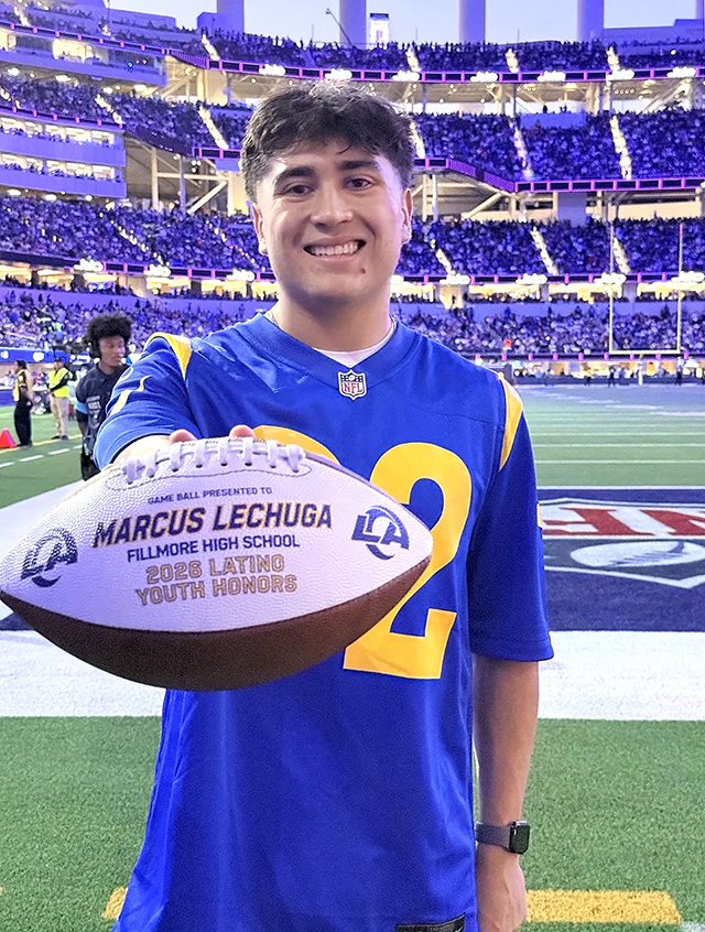 Fillmore High School senior Marcus Lechuga was named the Los Angeles Rams’ male nominee for the fourth annual NFL Latino Youth Honors. He was recently recognized during the Rams’ Monday Night Football game against the Buffalo Bills, where he received a personalized game ball and jersey in recognition of his hard work and dedication.