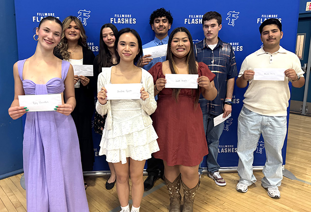 Above are this year’s scholarship winners. Student Ruby Bronsten, pictured front left, received a $1,500 scholarship. Christine Nguyen, Aideth Gonzalez, Anndee Bacerra, Lizbeth Mendez, Brayden Ibarra, Casey Spore and Diego Tapia received $500 scholarships.