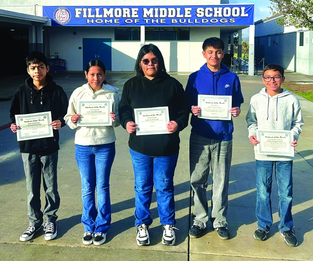 Fillmore Middle School Principal Jenny Plugge said, “We want to celebrate our students of the week for February 7th and February 14th. Jesus Gutierrez-Guillen, Samantha Lara, Tania Figueroa, Ricky Ochoa Edwin A. Rodriguez, and Dulce Ramirez (not pictured). Congratulations to these Bulldogs for demonstrating Bulldog Pride.” Photo courtesy https://www.blog.fillmoreusd.org/fillmore-middle-school-bulldogs-blog/2025/2/14/bulldogs-have-pride.