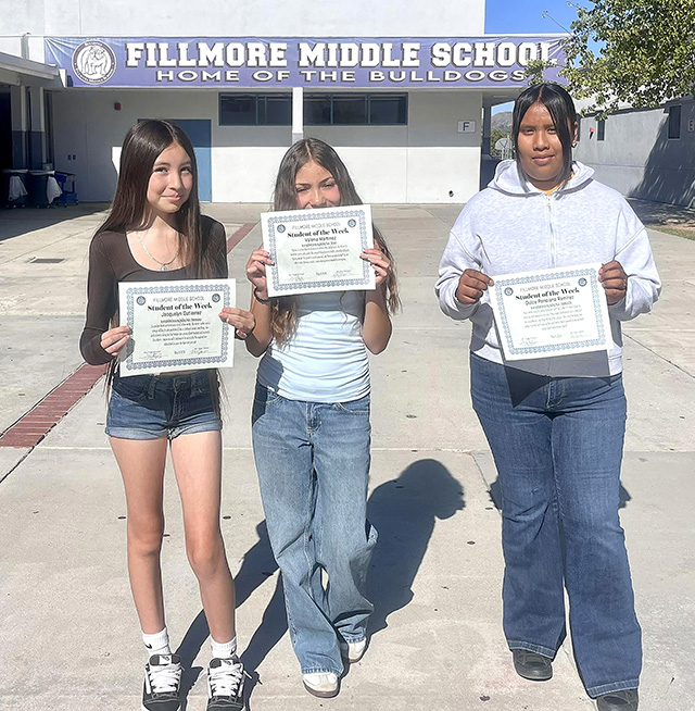 Fillmore Middle School Principal Jenny Plugge said, “We want to celebrate our students of the week. Jacquelyn Gutierrez, Valeria Martinez, and Dulce Ponciano Ramirez. Congratulations to these Bulldogs for demonstrating Bulldog Pride!”