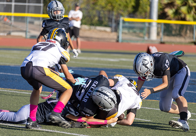 Above is the Raiders Juniors game against the Newbury Park Steelers, no final score reported. Halftime score was 18-0. Photo credit Crystal Gurrola. 