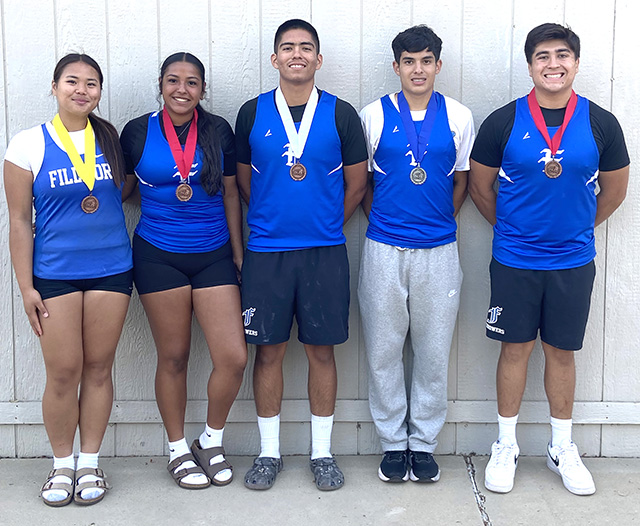 On Friday, April 17, Fillmore High School Throwers had a great day at the Ventura County Track and Field Championships. Earning hardware for the Flashes were (l-r): Adrianna De Leon (4th in discus Invitational division), Hermelinda Ocegueda (3rd in the shot put Invitational division), Isaac Rivera ( 5th in the discus Invitational division), Isaiah Meza (2nd in the shot put rated division), and Marcus Lechuga (3rd in shot put, and 2nd in discus seeded division).