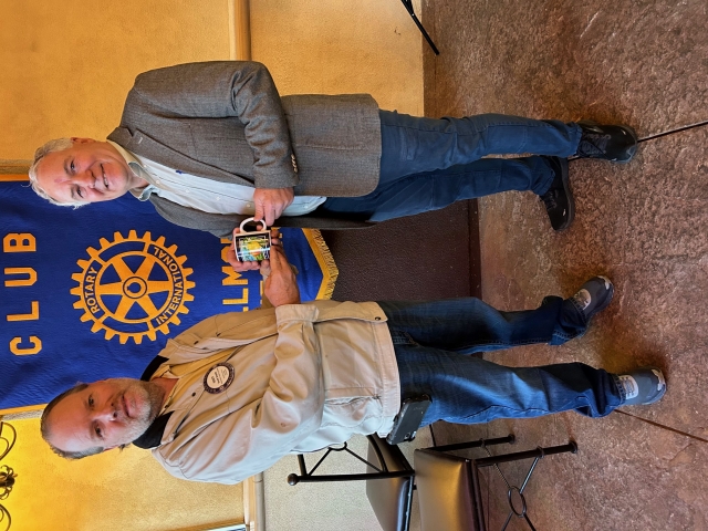 Pictured (l-r) is Rotary President Scott Beylik with speaker Ken Wiseman. Wiseman was the guest speaker at last week’s Fillmore Rotary Club meeting. He and his wife moved from busy Santa Clarita to Piru, and once there they noticed the vacant buildings, the lack of sidewalks for the children walking to school and they began to think about what could be done. Ken joined the Piru Neighborhood Council to meet people and ask questions. Since then they have looked into ways to bring filming to Piru, thus bringing money for new projects such as sidewalks, adult education at the Community Center, future projects like a little water park, and soccer fields. They have also planned events to bring families together, especially the families who have moved into the new homes and need to become part of the community. Sometimes it just takes one person to step up and get everyone enthused and that person is Ken Wiseman. Photo credit Martha Richardson.
