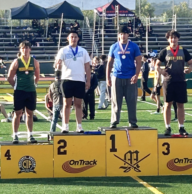 On Friday, April 25, 2025, Fillmore Flashes Anthony Tafoya set a new personal record and broke his existing school record at the Ventura County Track and Field Championships. He placed 2nd overall in the county in the Discus competition (166 feet, 3 inches) and 6th overall in the Shot Put competition (45 feet, 10.25 inches). Way to throw Anthony! Photo credit Coach Tony Tafoya. 